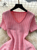 2023 Korean Style Sundress Women V Neck Short Sleeves Ruched Fashion Streetwear Sweet Summer Mini Solid A Line