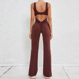 Hollow Backless Scrunch Gym Flare Jumpsuit Sport Casual Women One Piece Outfits Yoga Dance Jump Suit Black Fitness