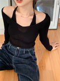 Fashion Women Cropped Sweater Korean V Neck Y2K Tops Halter Off Shoulder Knit Sweaters Long Sleeve Fake Two Piece