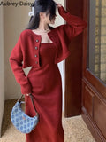 Red Knitting Dress Women Korean Fashion Office Lady Two Piece Dress Female Winter Warm Casual Christmas Party Dress