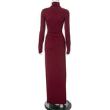 Turtleneck Long Sleeve Draped Slit Maxi Dress- Outfit
