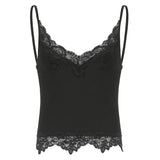 SUCHCUTE Goth Aesthetic Lace Patchwork Tank Tops For Women Sexy V-Neck Brown Retro Crop Tops Summer 90s Fashion Casual