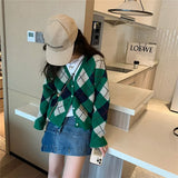 Zingj And Winter New College Temperament Small Knit Coat Female Retro British Wind Diamond Grid V-Neck Sweater Cardigan-Outfit