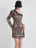 Zingj Spring Wear New Printing Heavy Industry Nail Bead Single Shoulder A Line Skirt Retro Style Small Long-Sleeved