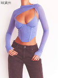 Fashion Sexy Mesh Two Piece T Shirt Women Autumn New Casual Streetwear Y2K Office Lady Wild Slim Crop Top