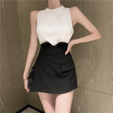 Style Bow Back Vest Sleeveless Top + High Waist Wide Leg Shorts Two-piece Short Sets Summer Top Women Outfit