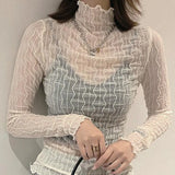 Women See Through Transparent Mesh Womens Tops And Blouses Long Sleeve Sheer Ladies Turtleneck Shirt Blouse Blusas