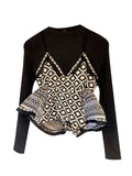 Fashion Women's Sweater Round Neck Patchwork Plaid Ruffles Fake 2 Pcs Long Sleeve Knitted Pullovers Autumn 2023 New