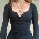 Patchwork Lace Buttoned Long Sleeve TeeOutfit