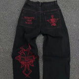 Explosive High Street Tide Brand Fully Embroidered Skull Casual Trousers Men's Loose Straight Casual