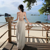 Zingj Holiday Style Hanging Neck Tie With Open Back Sexy Halter Dress Hollow Out High Waist Temperament Long Skirt