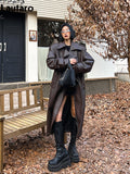 Spring Autumn Long Oversized Black Brown Pu Leather Trench Coat for Women Double Breasted Loose Luxury Designer