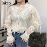 Women Lace blouse White V-neck Long sleeve Short Female shirt Single breasted RufflesSexy Tops Spring Black INKEO