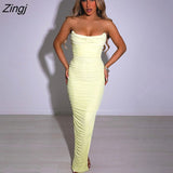 Sexy Strapless Mesh Maxi Dress Women Blue Backless High Slit Ruched Dress Female Autumn 2022 Elegant Party Club