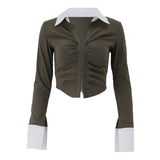 Zingj And Autumn Fashion Women's Clothing Sexy Spice Sister Pleated Temperament Contrast Color Lapel Long Sleeve Commuter Shirt