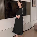 Autumn Winter Elegant Slim Midi Sweater Dresses Knitted Ruffle Dress Female A-line Casual