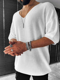 Short Sleeve V-neck Knit Sweater Solid Male Fashion Tops Pullover Streetwear 2021Men Autumn Casual Loose Sweaters