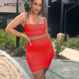 Spaghetti Strap Two Piece Dress Women Ruched Pleated Bodycon Dress Short Strapless Summer Casual Party Dress