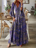 Zingj Bohemian Horn Sleeve Print V-Neck High-Waist Holiday Dress Floral Dress-Outfit