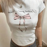 Short Sleeve Bow Text Print White Tee-Outfit