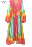 2023 Tie Dye Long Dress Women Ruched Chiffon Midi Dress Woman Long Sleeve Summer Dresses Asymmetric Holiday Party