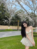 Lace Flower Print Hollow Out Mini Dress 2022 Summer Chic Sexy Sling Spaghetti Straps Deep V Neck Party Club Vestidos