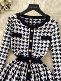 Houndstooth Knitted A Line Dress O Neck Full Sleeve Buttons Women Korean Style Streetwear Fashion Winter Sweater