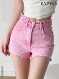 Women Fashion Side Pockets Frayed Hem Denim Shorts Vintage High Waist Zipper Fly Female Jeans