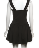 Black Lace Strap Pleated Mini Dress-Outfit