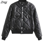 Women Fashion Stand Collar Patchwork PU Leather Short Jacket Coat Female Breasted Cotton Pad Outerwear Chic Tops