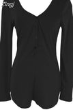 Women Bodysuit Long Sleeve Deep V Neck Bodycon Stretch Leotard Crop Top Button Short Romper Pajamas Women Jumpsuit