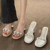 Water Drill Transparent Crystal Heel Sandals Women's Summer With High-End Feel Coarse Slippers High Heels Outside Wearing Cool