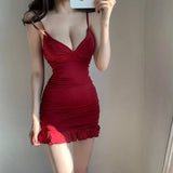 Sexy Low Bust V-neck Irregular Slim Buttock Elastic Solid Color Tank Ruffles Mini Vest Dress Korea Women Dresses