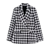 New Women's Suit Collar Thousand Bird Case Double Breasted Long Sleeve Suit