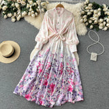 Zingj Spring, The New Korean Version Has A Spliced Collar Chiffon Dress With Broken Flowers. The Female Super Fairy Sen Has A Large Pendulum And Pleated Knee-Length