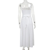 White Stripe Corset Frill Midi Dress-Outfit