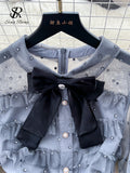 Autumn Sweet Cake Dress Transparent Belt 2023 O Neck French Bow Design Diamonds Mesh Gentle Temperament Long