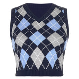V Neck Vintage Argyle Sweater Vest Women Black Sleeveless Plaid Knitted Crop Sweaters Casual Autumn Preppy