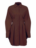 Spring Summer Bodycon Dress Women Khaki Long Sleeve Pleated Shirt Dress Office Ladies Solid Lapel Casual Mini