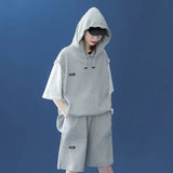 Women Hooded Top Shorts Matching Sets Summer Casual Loose Sportswear Female False Two Clothes Suit Patchwork Hoodie