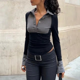Stripe Splice Polo Neck Long Sleeve BlouseOutfit