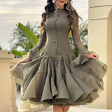 French Elegant Wind Collar Splicing Lotus Edge Mid-Sleeve Dress 2025 New Horn Sleeve Long Dress