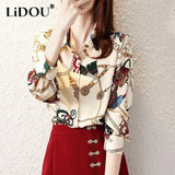 Autumn Elegant Fashion Chain Printing Chiffon Blouse Femme Long Sleeve All-match Loose Causal Shirt Women Polo-neck