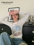 Alpaca Animal Print White Long Sleeve T Shirt Women Crewneck Ribbed Top Casual Korean Fashion Tshirt Spring