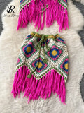 Fashion Tassel Knitted Beach Two Pieces Suits Retro Loose Top+Short Sexy Skirt Sets Women Hollow Out Vintage
