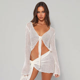2022 Summer Beach Outfits Sexy Long Sleeve Top Crop And Mini Skirt Set Women Two Piece Sets Party Club See