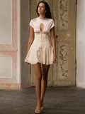 Short Sleeve Satin Hollow Out Mini Dress- Outfit