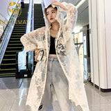Summer New Mesh Lace Embroidery Coat Sun Protection Shirt Seaside Vacation Lace-up Long Cardigan Coat Hooded Women