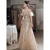 High-End Evening Dress Dress Women 2025 New Banquet Performance High-End Champagne Light Luxury Niche Host