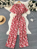 Beach Summer Floral Jumpsuits Fashion V Neck Elastic Slim Short Sleeve 2023 Streetwear Vacation Retro Long